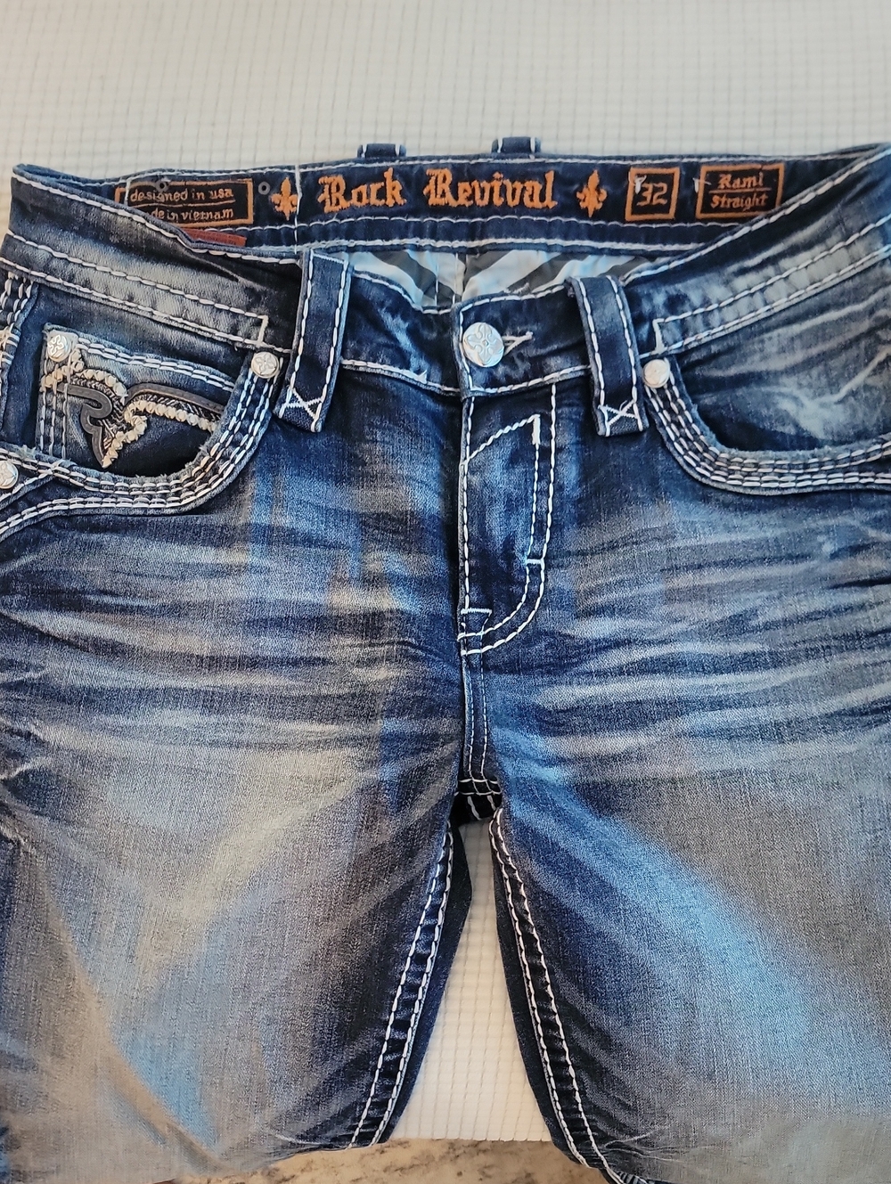 Rock Revival Men's Faded Blue Straight Jeans with Contrast Stitching